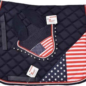 USA Flag All Purpose English Saddle Pad with Matching Fly Bonnet – Handmade Jump